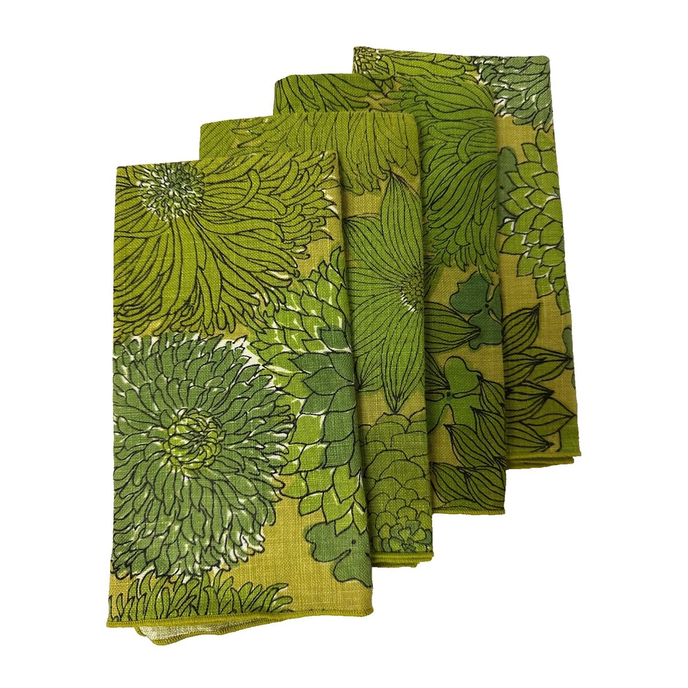 Vtg MCM Floral Cloth Napkins Set of 4 Green Chrysanthemum Clover 16" Square